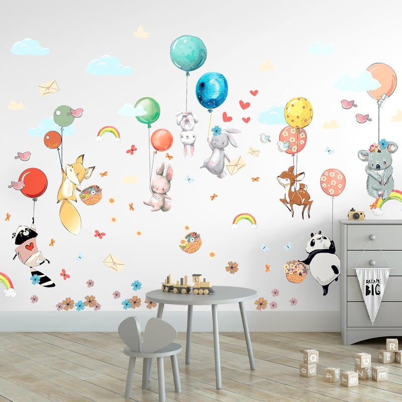 WS Wallpaper Hot Air Balloon Wall Decals by Lipastick - Peel and Stick Animal Stickers Raccoon, Fox, Koala, Panda for Kids Room, Nursery, Playroom, Bedroom - Playroom Wall Decals for Boys, Girls, Babies - M Size - Image 1